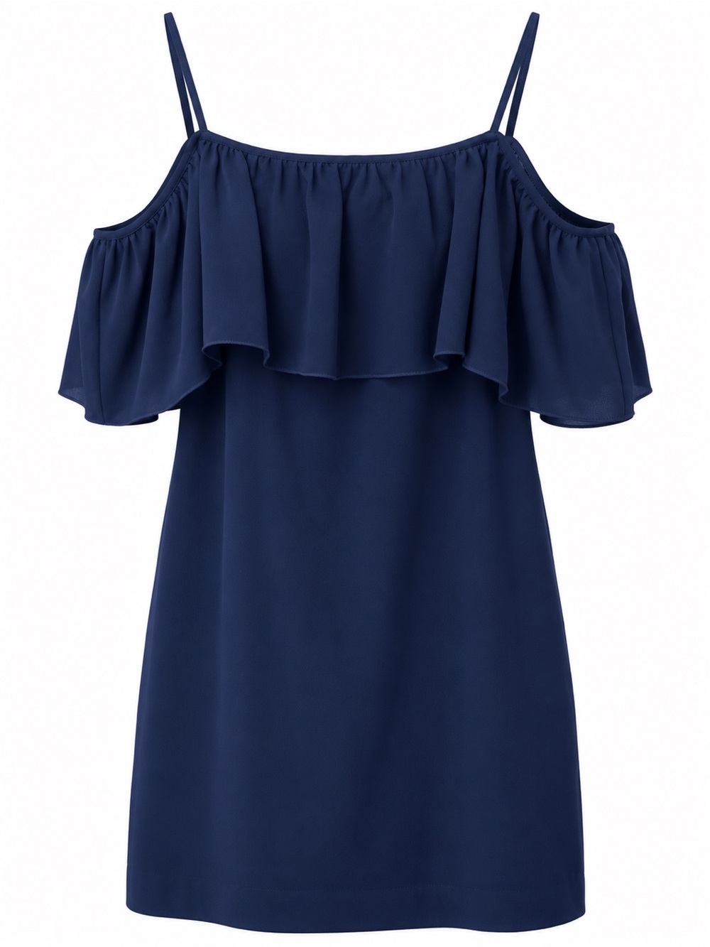 Trina Turk navy ruffle off the shoulder mini dress, size 14